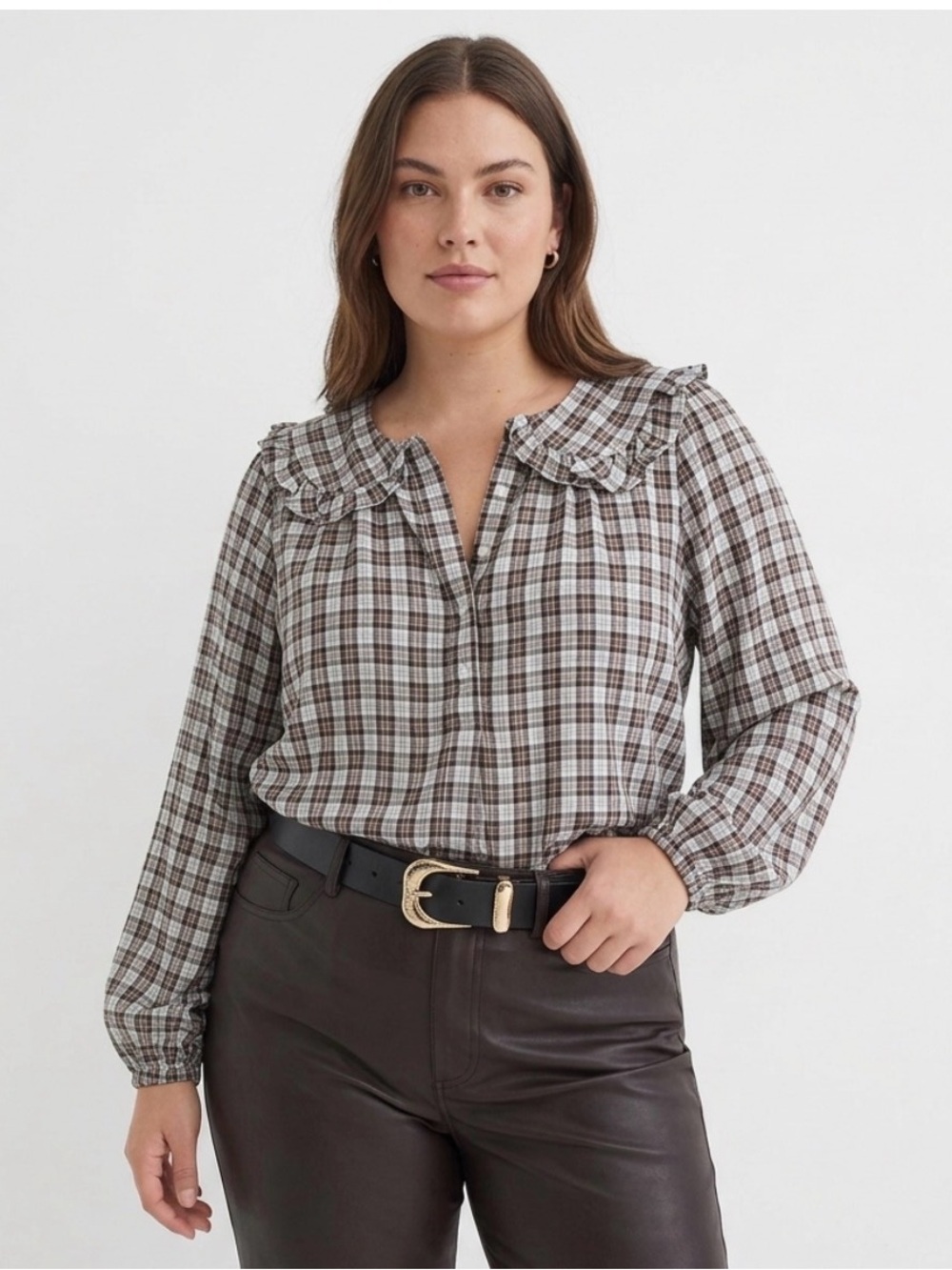 LOFT Plaid Ruffle-Collar Long-Sleeve Shirred Henley Blouse Roasted Walnut NEW!